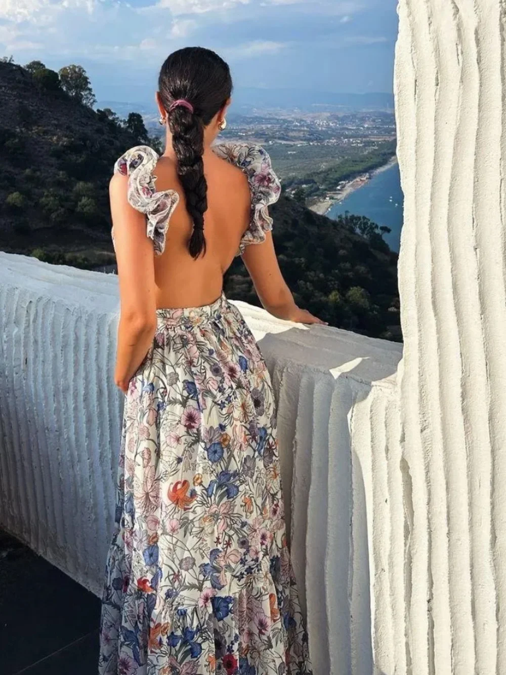 🆕 Marissa Cut-out Ruffle Floral Cutout Maxi Dress in White with Multicolor Print